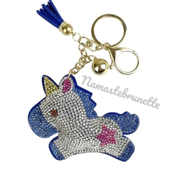 Unicorn Crystal Rhinestone Keychain Bag Charm With Blue Tassel - Picture 11 of 15